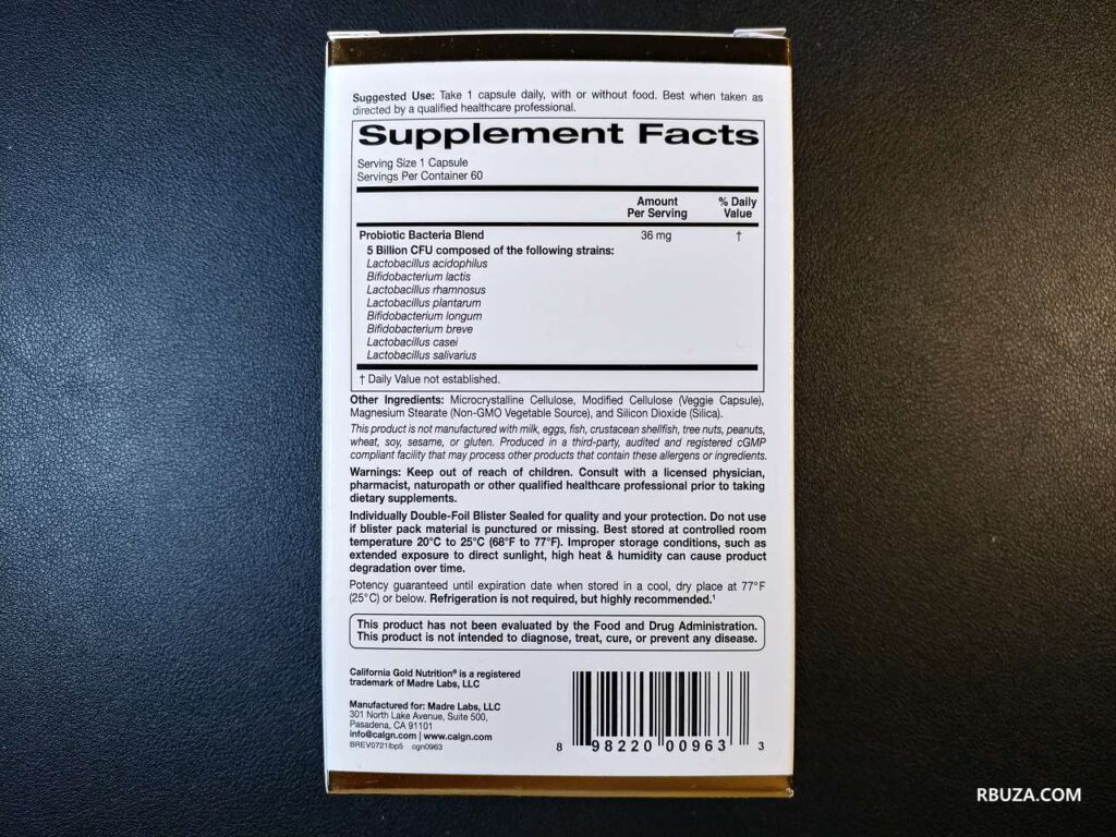 락토비프5 유산균 제품 패키지 후면부 - 권장 사용법, 유산균 정보